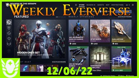 Eververse weekly - Week 1 through Week 7 Eververse Store offerings have already ended as of April 17, 2023. You can find all Eververse Store scheduled offerings for Weeks 8 through 12 below. Destiny 2 Season 19...